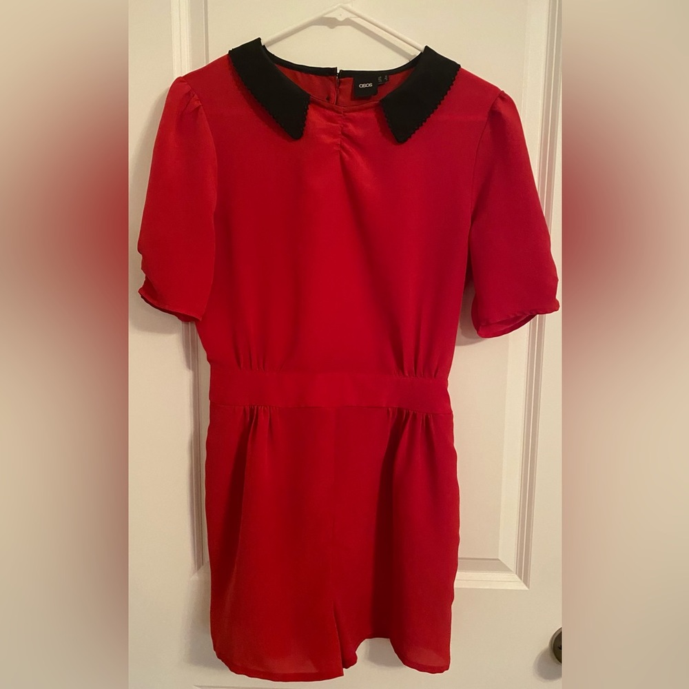 ASOS red polyester romper in size 8 but taylored to fit a size 6. Only worn once